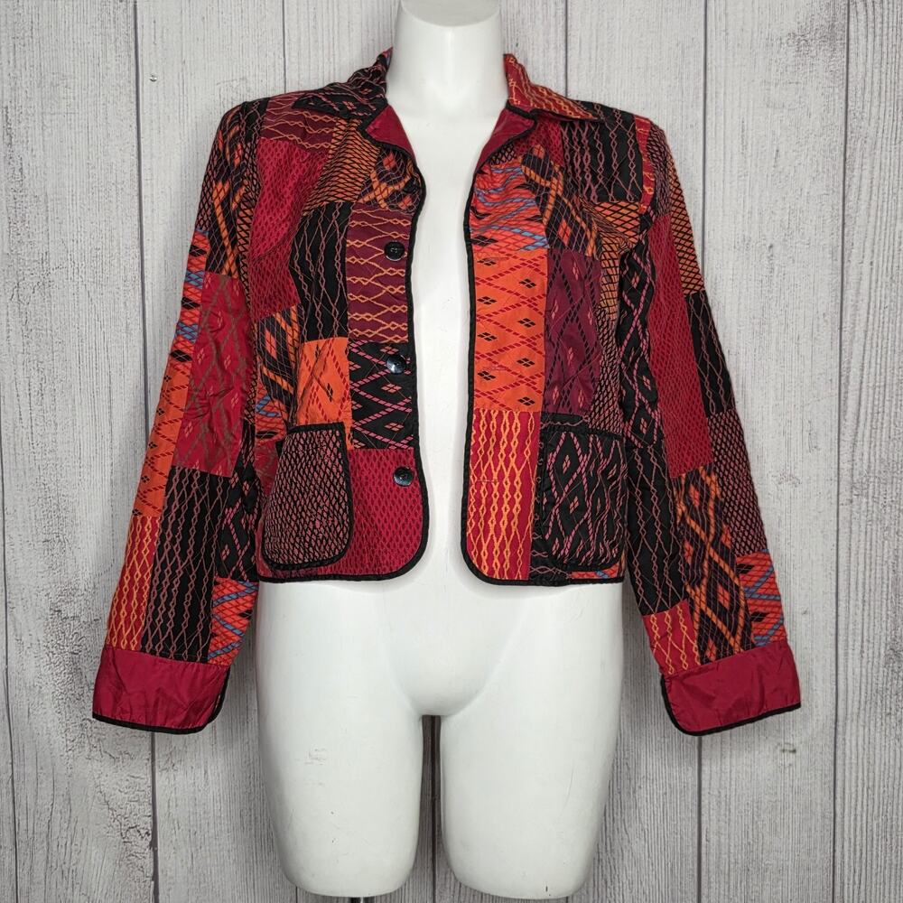 Vintage Y2K Chico's Design Silk Patchwork Art Jacket, Size 1